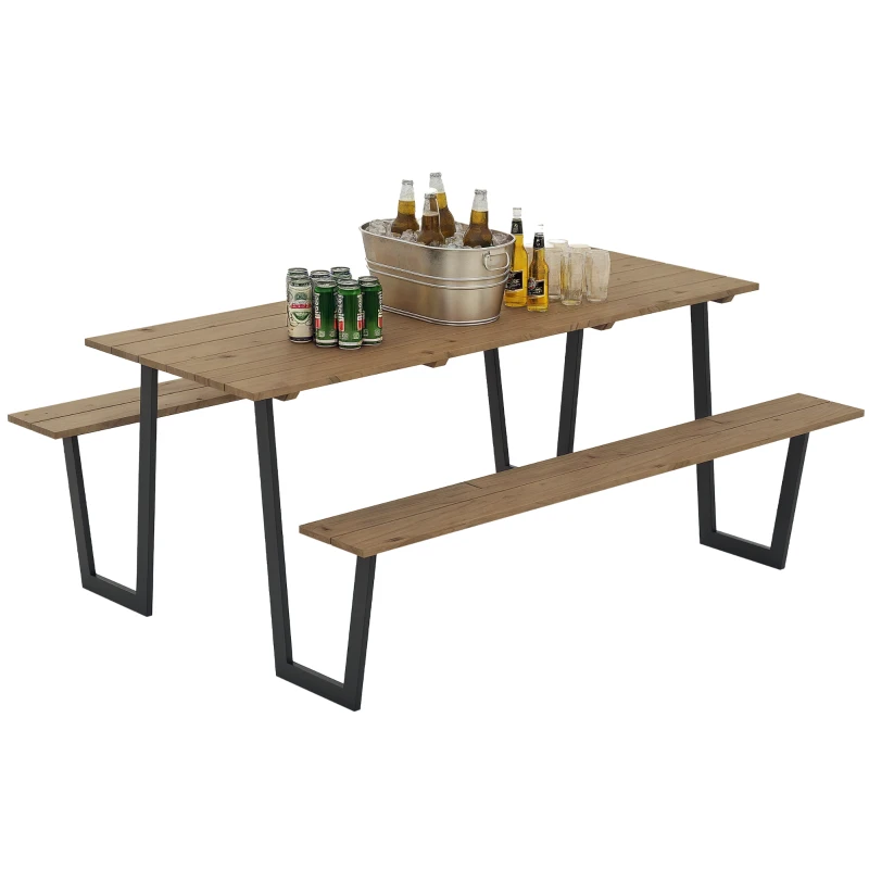 Outsunny Conjunto mesa e bancos de madeira estilo cervejaria, mesa de piquenique em madeira com bancos, 175 cm, furo para guarda-sol, castanho