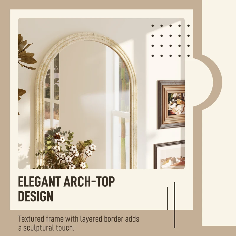 HOMCOM Arched Wall Mirror with Grooved Edge & Hooks, Wall-Mounted Mirror, Modern Tempered Glass & Polystyrene Beige