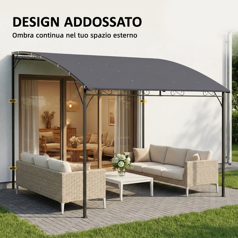 Outsunny Gazebo Pergola con 16 Fori di Drenaggio, in Metallo e Poliestere, 3.8x2.8m, Grigio