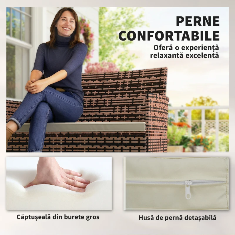 Outsunny Canapea de Grădină 2 Locuri cu Perne și Tampoane Antiderapante, din Ratan și Oțel, 115x63x85 cm, Bej