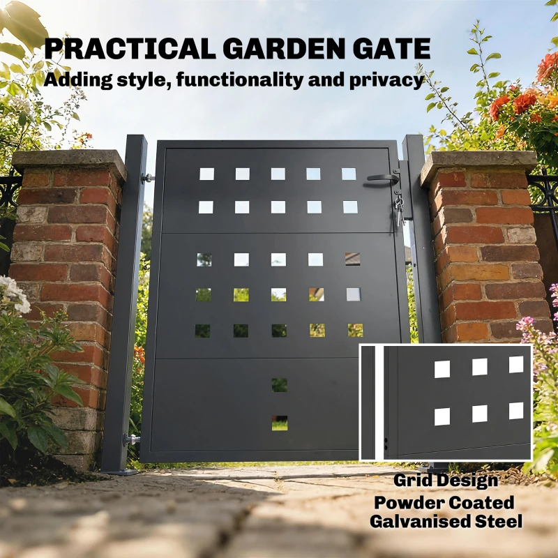 Outsunny Furtka ogrodowa z ocynkowanej stali, metalowa furtka z uchwytem, zamkiem i 3 kluczami, zamykana bramka 105x130 cm, ciemnoszara