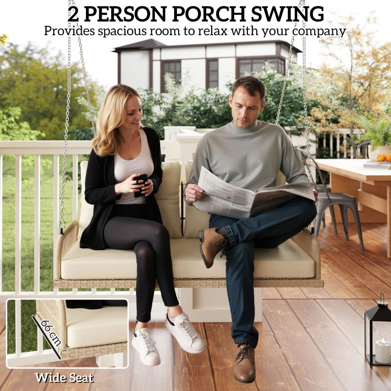 Outsunny Banc Suspendu Extérieure 2 Places en Résine Tressée avec Coussins et Chaînes en Acier, 115x66x44cm, Beige