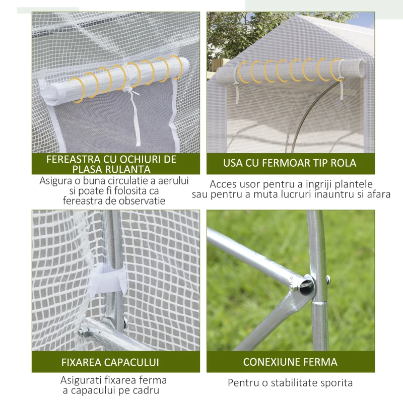 Outsunny Seră Tip Tunel Anti-UV cu 6 Ferestre cu Plasă și Intrare Rulabilă, Metal și PE, 4x2x2 m, Alb