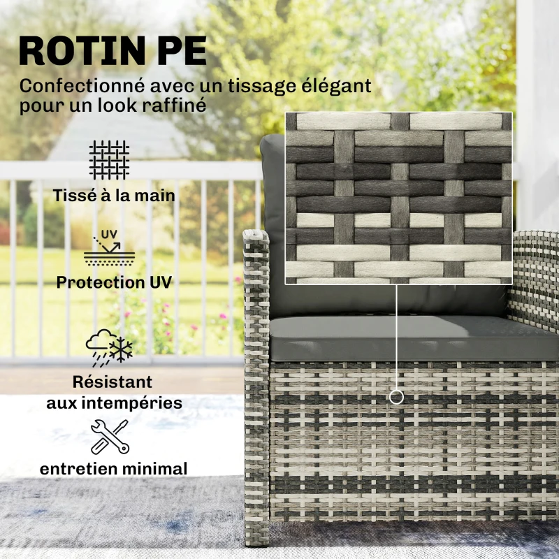 Outsunny Salon de Jardin Extérieur 3 Pièces en Résine Tressée Table et 2 Fauteuils avec Coussins, 62x65x75cm, Gris Clair