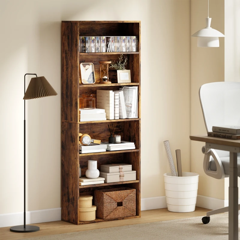 HOMCOM Six Shelf Bookcase - Rustic Brown