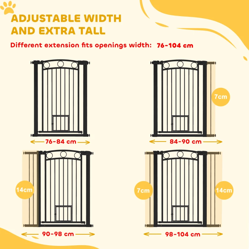 PawHut 106 cm Wysoka Bramka dla Zwierząt z Regulowaną Szerokością, Wbudowane Drzwiczki dla Kota, dla Schodów i Drzwiowych Ram, Czarna