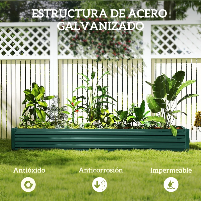 Outsunny Jardinera Exterior Grande Rectangular de Acero Galvanizado Huerto Urbano con Base Abierta 240x60x30 cm Verde