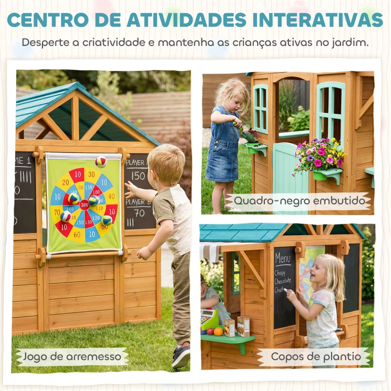 AIYAPLAY Casa Infantil para Exterior e Interior de Madeira com Balcão  Floreiras Quadro Janelas Alvo e 4 Bolas 142x120x141,5 cm Madeira