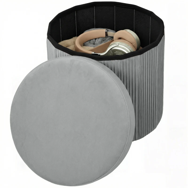 HOMCOM Puff de Arrumação Banco de Arrumação Dobrável 35 L 38x38x38 cm Estofado em Veludo Baú de Arrumação Cinzento Escuro