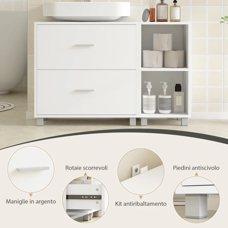 HOMCOM Mobile Sottolavabo Bagno con 2 Cassetti e Ripiani Aperti, in Legno, 90x30x60 cm, Bianco