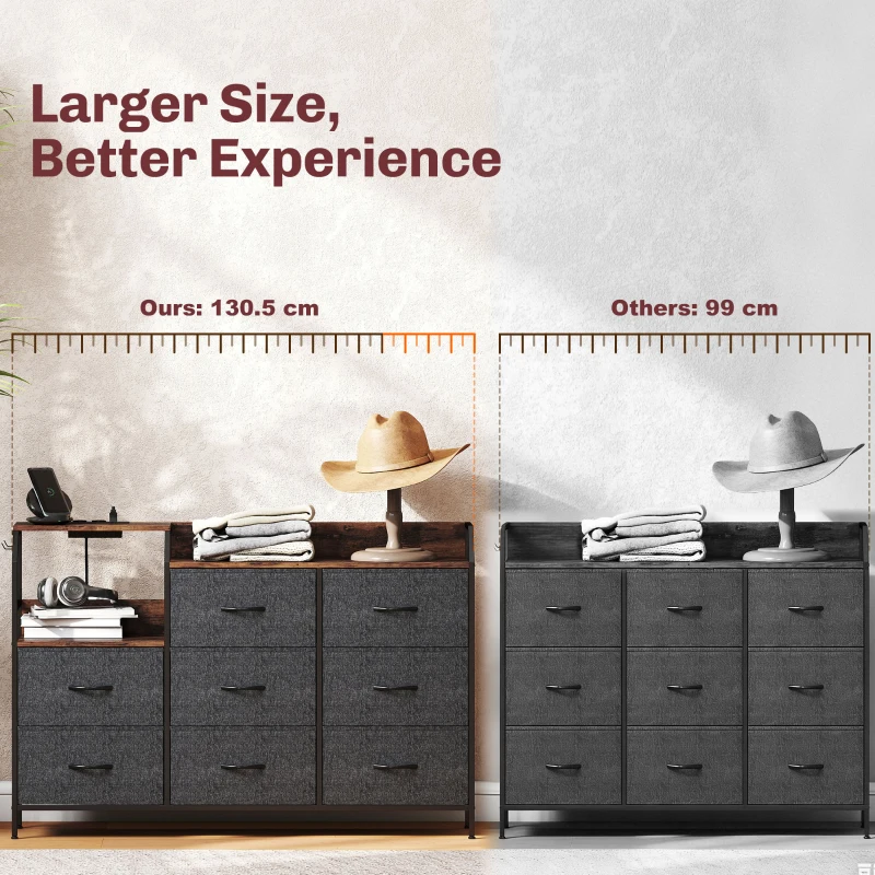 HOMCOM Chest of Eight Drawers, with Charging Station - Brown/Black