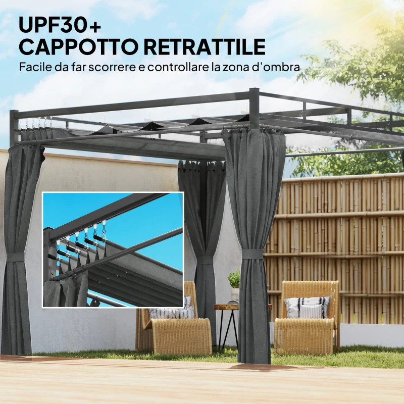 Outsunny Pergola Gazebo 3x3 m con Tetto Scorrevole UV30+ e 4 Pareti Laterali, Grigio Scuro