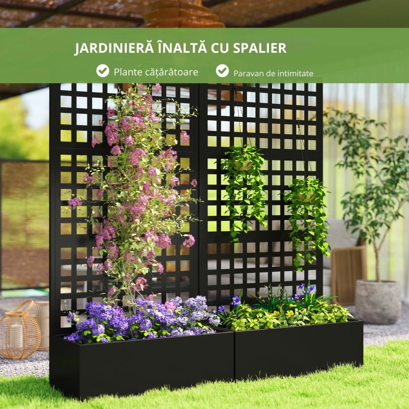 Outsunny Jardinieră cu spalier, paravan de intimitate, pat ridicat pentru grădină din oțel galvanizat, pentru plante cățărătoare, 89x40x178cm, negru