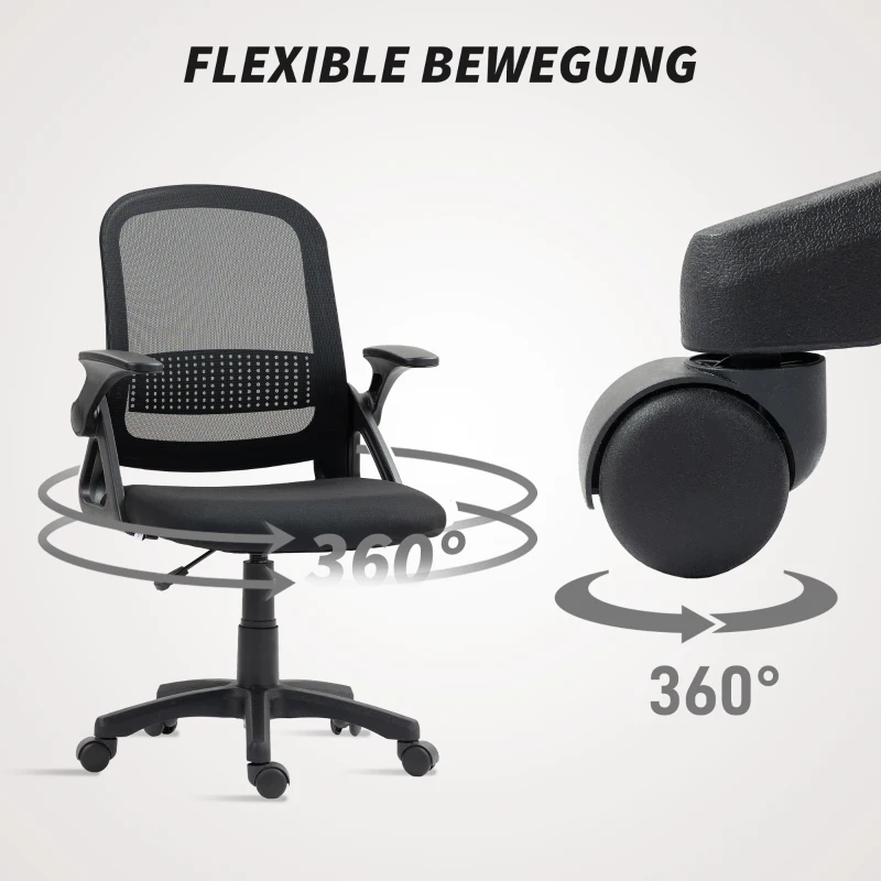 HOMCOM Fauteuil en maille respirante, fauteuil tournant ergonomique avec accoudoirs rabattables et soutien lombaire, Noir