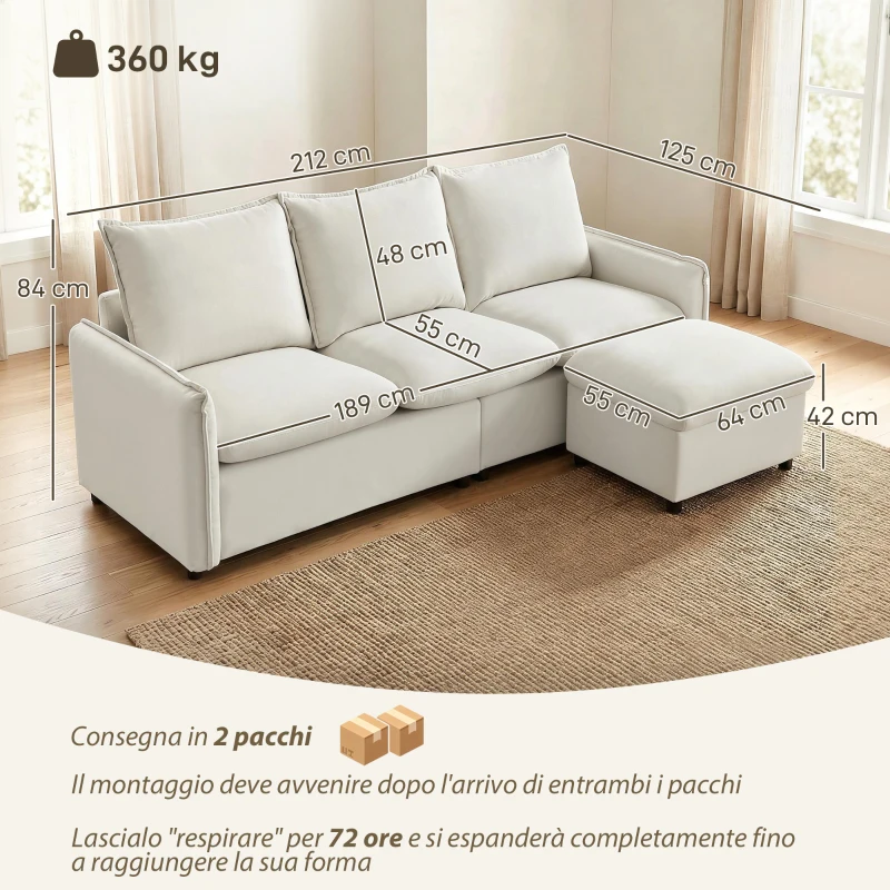 HOMCOM Divano Angolare 3 Posti Modulare in Tessuto Effetto Pelle Traspirante con Contenitore Poggiapiedi, Cuscini, Crema