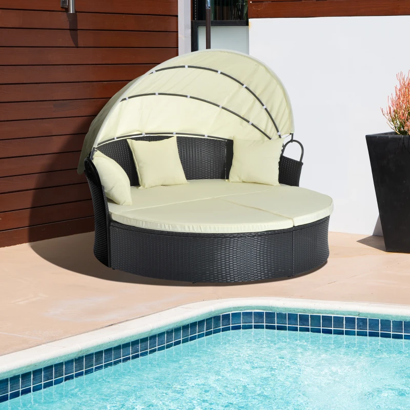 Outsunny Lit canapé de jardin modulable grand confort pare-soleil pliable intégré 4 coussins 3 oreillers 171L x 180l x 155H cm métal résine tressée polyester noir beige