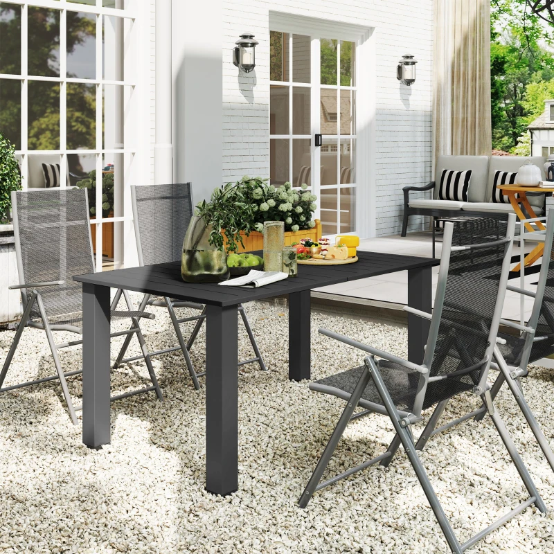 Outsunny Mesa de jardim para 4 a 6 pessoas, mesa de jantar exterior com furo para guarda-sol tampo em ripas 150 x 90 x 73 cm preto