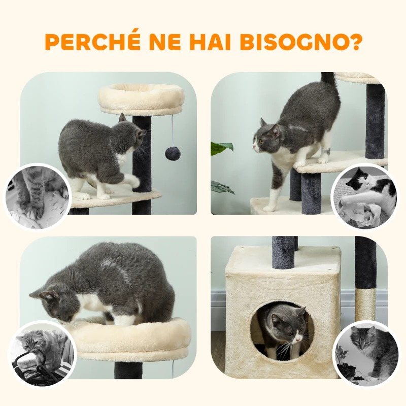 PawHut Albero Tiragraffi per Gatti Alto 92 cm con Casetta, Lettino, Pali in Sisal e Pallina, Bianco Crema