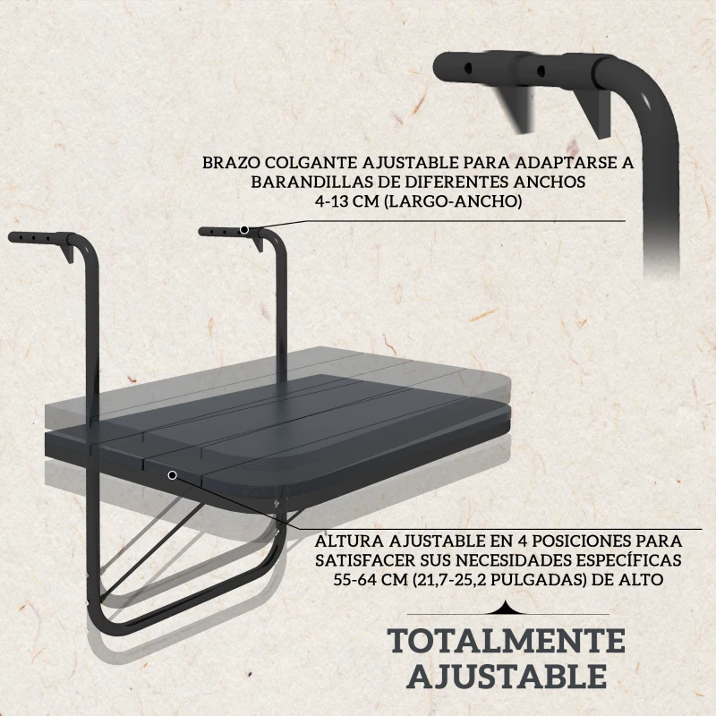 Outsunny Mesa Colgante para Balcón Plegable de Aluminio con Altura Ajustable en 4 Niveles Carga 25 kg 60x40x55-64 cm Negro