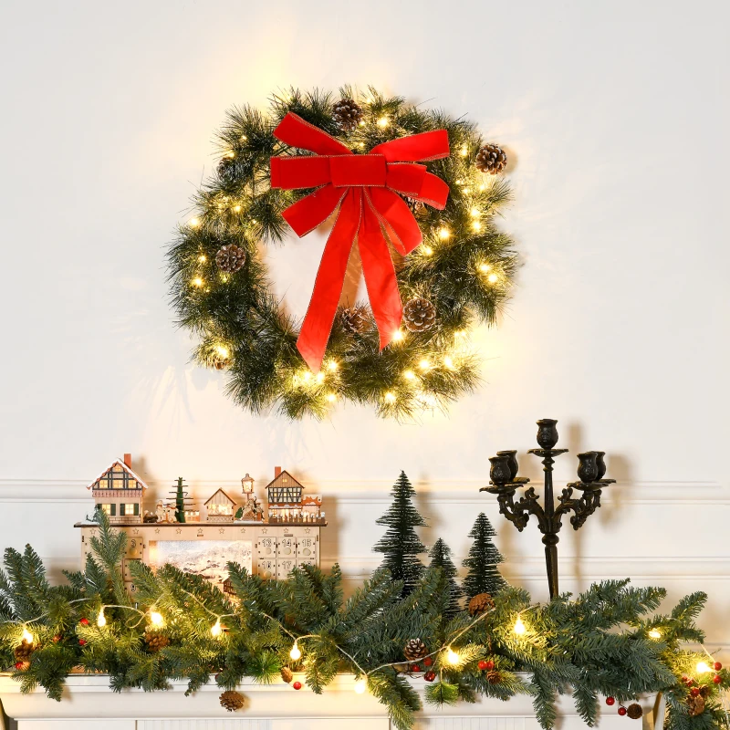 HOMCOM Couronne de Noël artificielle 60 cm, 50 LED avec 8 pommes de pin et 1 nœud ruban rouge