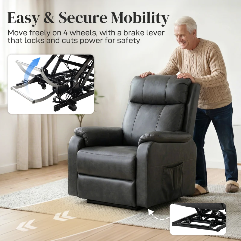 HOMCOM Fotel dla seniorów z funkcją podnoszenia i relaksu, elektryczny fotel z ekoskóry, podwójny silnik, sprężyny kieszeniowe, czarny