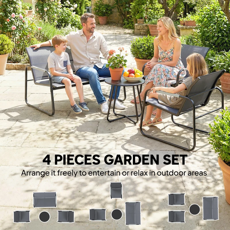 Outsunny Zestaw Mebli Ogrodowych dla 4 Osób Oddychająca Sofa Ogrodowa z 2-osobową Ławką, 2 Krzesłami, Okrągłym Stołem i Regulowanymi Nóżkami