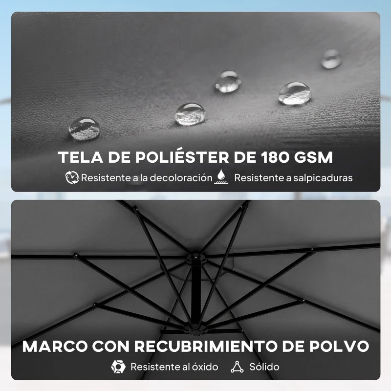 Outsunny Parasol Excéntrico Ø300 cm con Base Cruzada Manivela Funda Protectora y Cuerdas de Viento UPF30+ Gris Oscuro