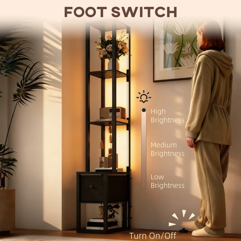 HOMCOM Floor Lamp with Shelves, LED Column Modern Standing Lamp with Fabric Drawer, Adjustable Brightness, Foot Switch for Living Room, Bedroom, Office, Black