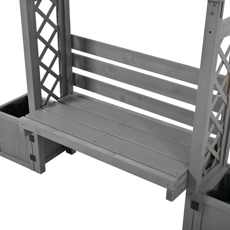 Banco-pérgola con maceteros y enrejado curvado, función triple: banco, macetero y soporte para trepadoras, 160x30,5x160 cm, Gris