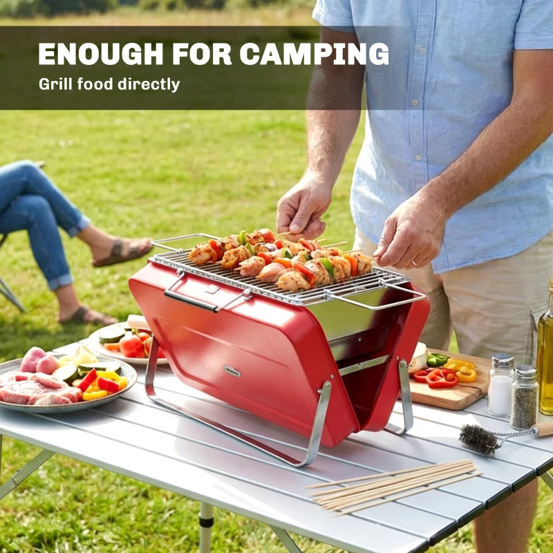 Outsunny Portable Mini Charcoal Barbecue Grill with Suitcase Shell, Outdoor Folding Tabletop BBQ Grill, Red