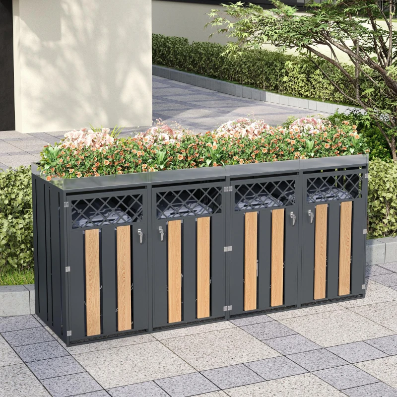 Abschließbare Mülltonnenbox, für 4 Standardtonnen mit integriertem Blumentrog, 264x80x124.5 cm, Grau+Naturfarbe