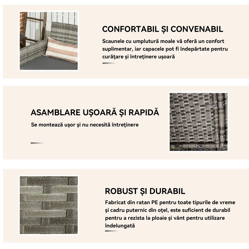 Outsunny Canapea pentru Exterior Gradina sau Terasa cu 3 locuri dim Ratan cu perne si dungi, Gri 173x68x78cm