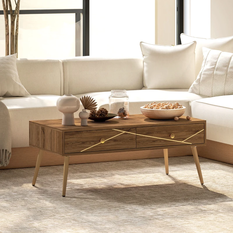 HOMCOM Table basse salon table de salon rectangulaire vaste plateau 2 tiroir pieds fuselés 100 x 50 x 41 cm marron