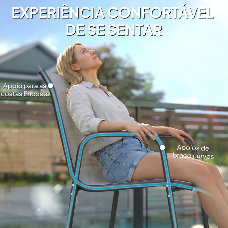 Outsunny Conjunto de 6 Cadeiras de Jardim Empilháveis com Apoio de Braços Assento e Encosto em Malha Respiráveis 51x69x87 cm Cinza