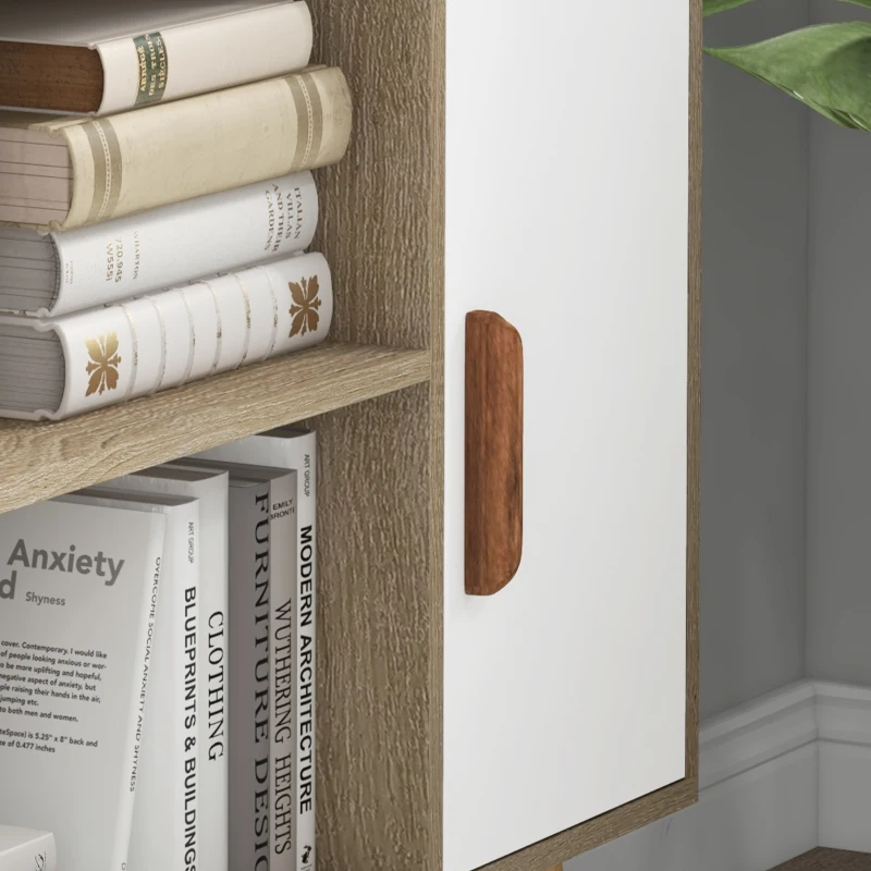 HOMCOM Bibliotecă scandinavă 4 nișe + 2 dulapuri cu poliță dim. 80L x 24l x 123H cm Picioare conice înclinate Lemn masiv Stejar