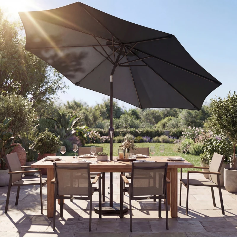 Outsunny 2.7 m Garden Parasol Umbrella with Cross Base and Sandbag, Retractable Ribs, Outdoor Table Market Umbrella, Black