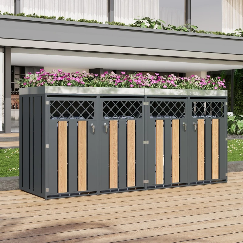 Abschließbare Mülltonnenbox, für 4 Standardtonnen mit integriertem Blumentrog, 264x80x124.5 cm, Grau+Naturfarbe