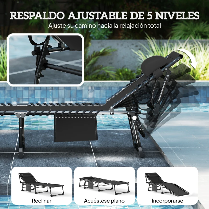 Outsunny Set de 2 Tumbonas Plegables con Reposacabezas Bolsillo Lateral y Respaldo Reclinable en 5 Posiciones Negro