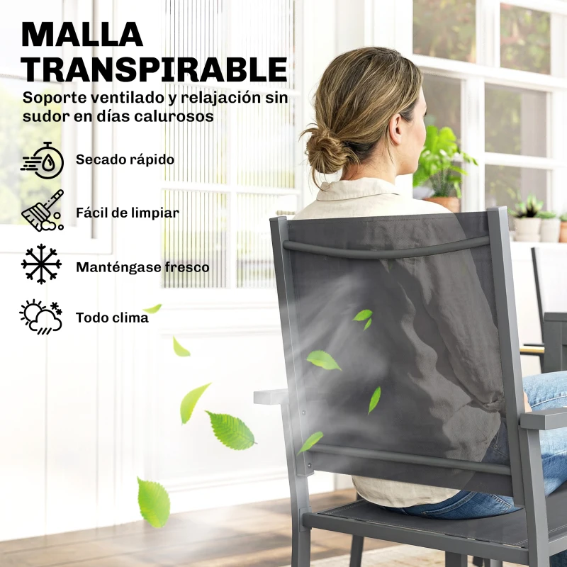 Outsunny Conjunto de Mesa y Sillas Jardín con Mesa de Plástico PSPC y 6 Sillas Apilables Transpirables para Terraza Patio Gris