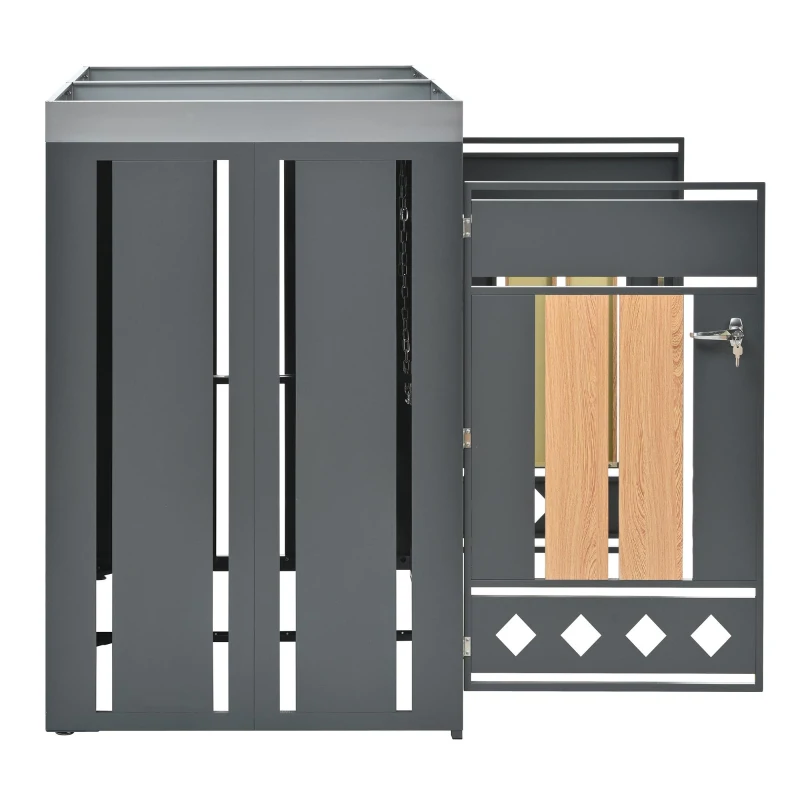 Mülltonnenbox mit integriertem Pflanztrog, abschließbar, für 2 Standard‑Mülltonnen, 132x80x124,5 cm, Grau+Naturfarbe