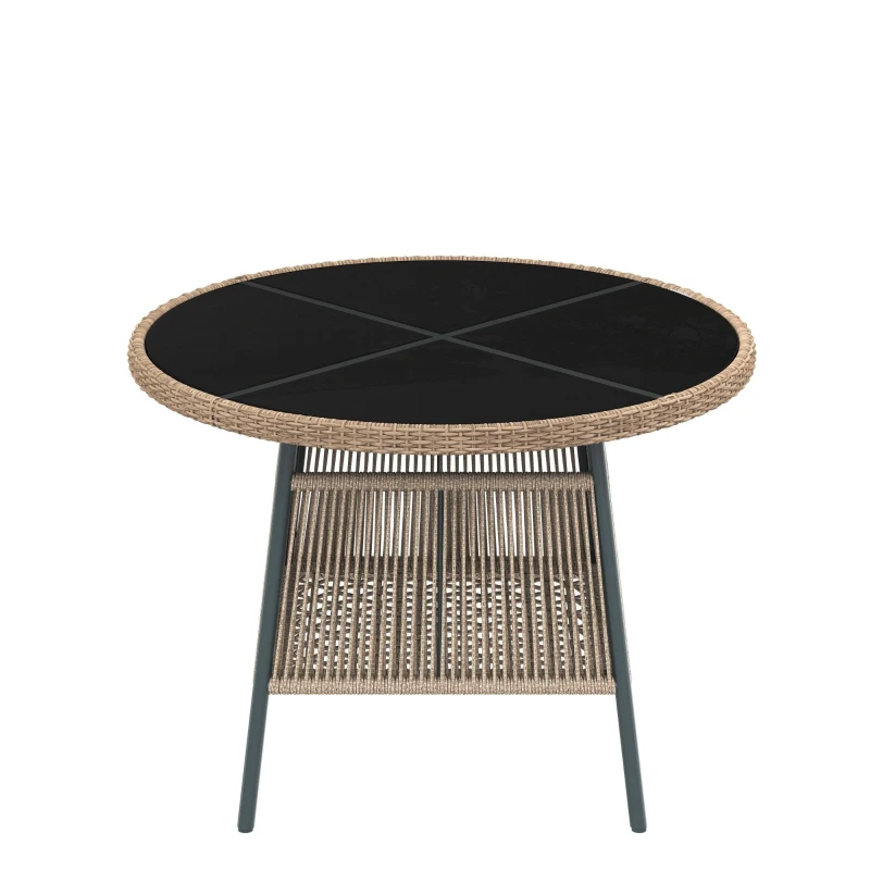 Conjunto de muebles de jardín moderno de 5 piezas, mesa redonda con tablero de vidrio templado, 4 sillas con reposabrazos y respaldo de cuerda, Gris
