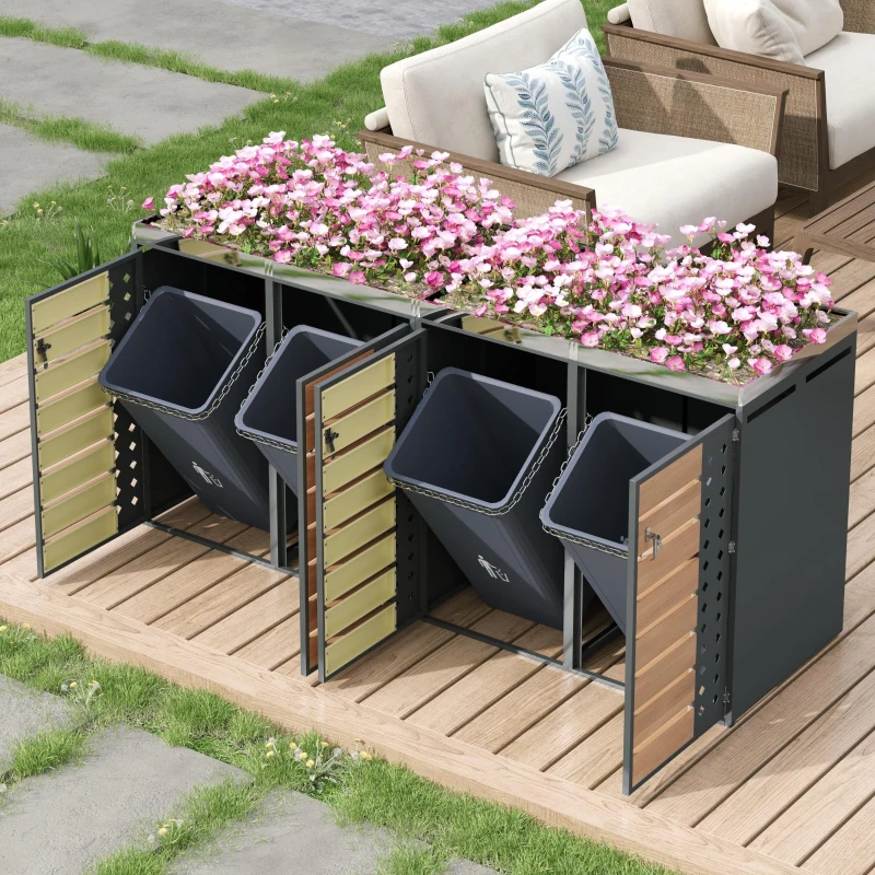 Mülltonnenbox 4‑fach, abschließbar mit integriertem Pflanzkasten, 264x80x124.5 cm, Grau+Naturfarbe