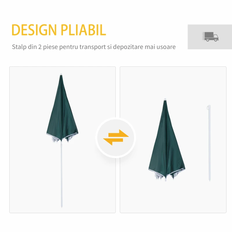 Outsunny Umbrelă de Plajă și Grădină 2x2m cu Cort, din Poliester și Metal, Verde și Alb