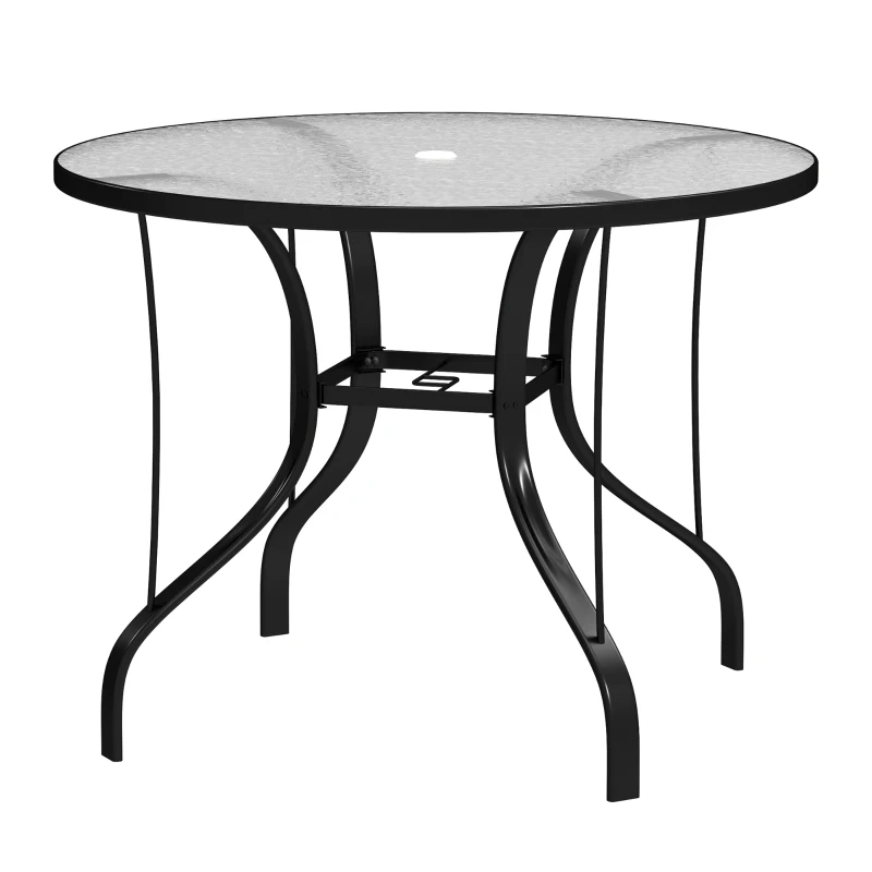 Outsunny Tempered Glass Top Round Outdoor Dining Table with Parasol Hole, 96.5 x 96.5 x 71 cm