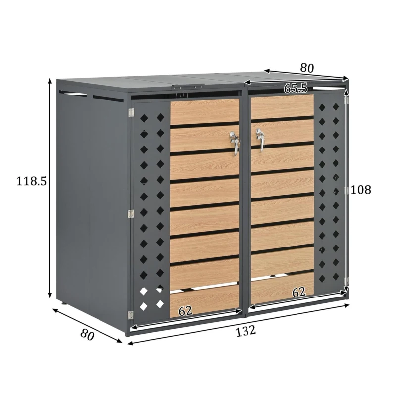 Mülltonnenbox mit 4‑fach Aufbewahrung, rautenförmiger Seitenperforation für Belüftung, 264x80x118,5 cm, Grau+Naturfarbe