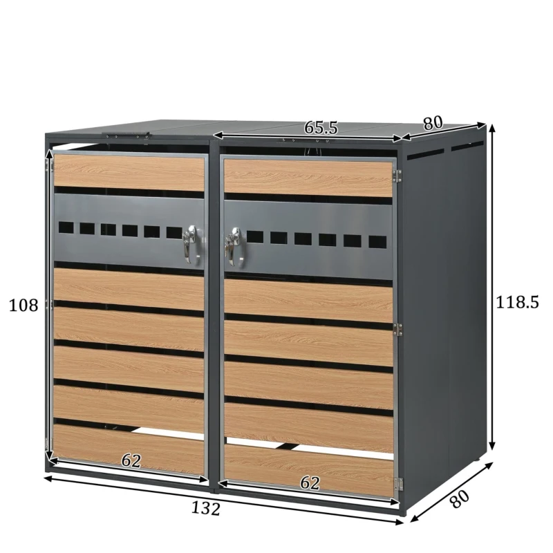 Mülltonnenbox mit hydraulischem Klappdeckel, 4 Fächern und separaten abschließbaren Türen, 264x80x118,5 cm, Grau+Naturfarbe
