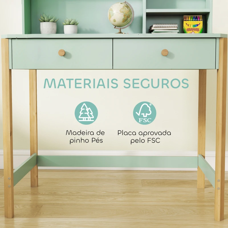 AIYAPLAY Secretária Infantil Mesa de Estudo para Crianças com 3 Compartimentos Abertos e 2 Gavetões 90x52x105 cm Verde