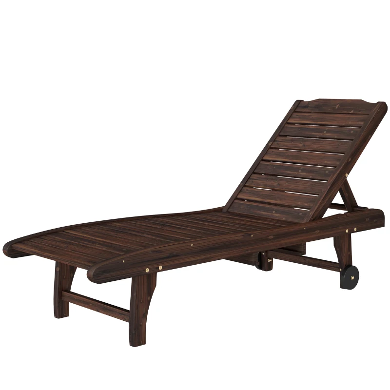 Outsunny Outdoor Wooden Sun Lounger with Built-In Table, Carbonised Finish