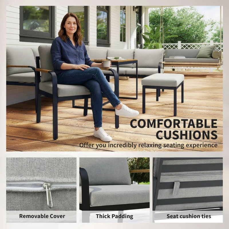 Outsunny 7 Seater Garden Furniture Set, Metal Garden Sofa Set with Cushions, Outdoor Furniture Conversation Sets, Light Grey