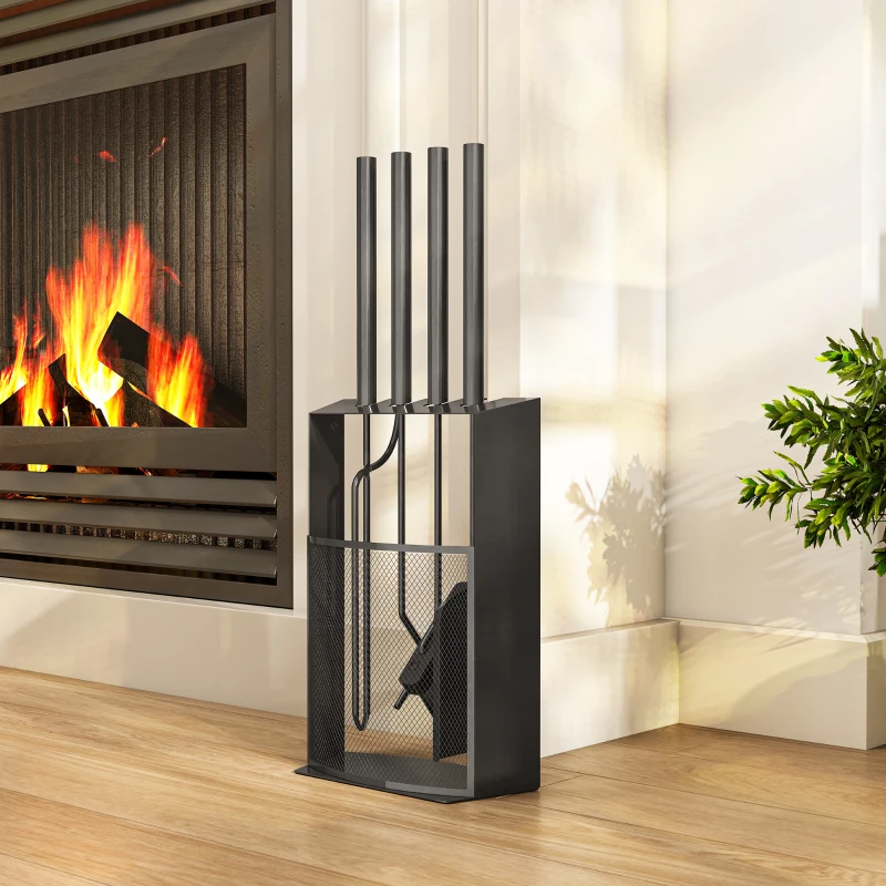 Outsunny Set servitor pentru șemineu 5 piese metal cu perie, lopată, tisonier, pereche de clești și suport 28x13x59,5cm negru